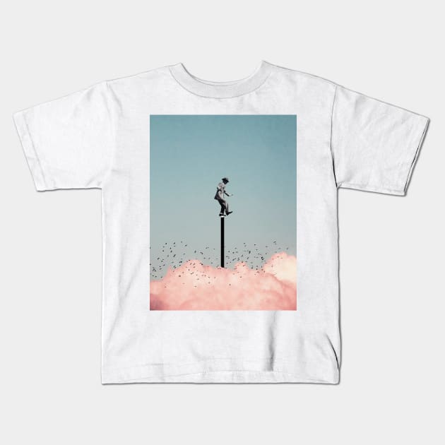 Balancing on one leg above the clouds Kids T-Shirt by Underdott